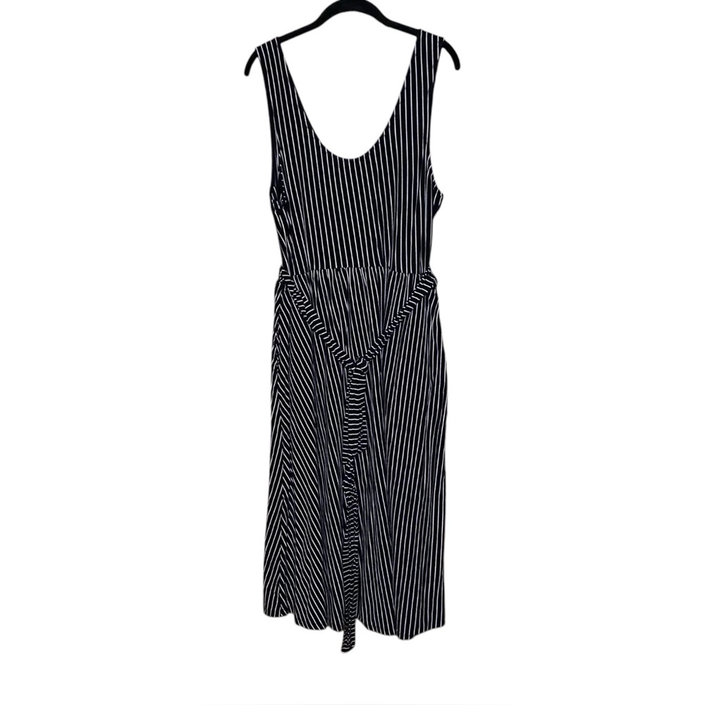 5/$25 Black and White Pinstripe Belted Midi Dress Scoop Neck Wide Straps - Picture 2 of 4